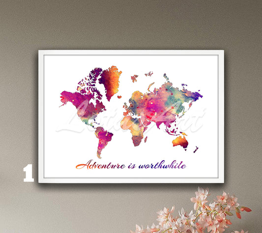 World map watercolor print with Adventure is worthwhile quote in multicolor tones, travel wall art & traveler gift