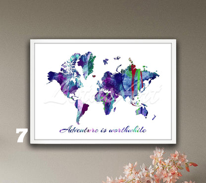 World Map Quote Wall Art – Watercolor Travel Print, Inspirational Poster, Adventure Home Decor, Gift for Travelers