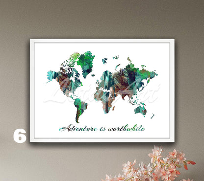 World Map Quote Wall Art – Watercolor Travel Print, Inspirational Poster, Adventure Home Decor, Gift for Travelers