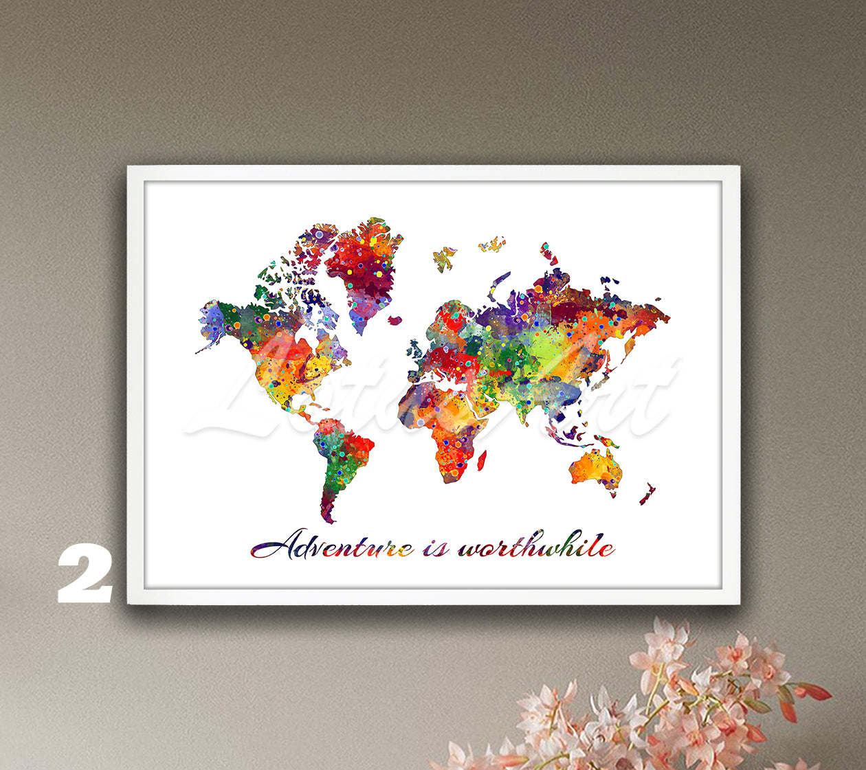 World Map Quote Wall Art – Watercolor Travel Print, Inspirational Poster, Adventure Home Decor, Gift for Travelers