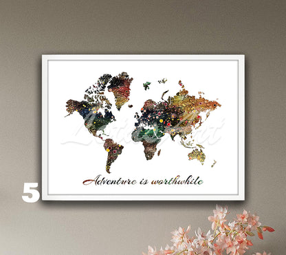 World Map Quote Wall Art – Watercolor Travel Print, Inspirational Poster, Adventure Home Decor, Gift for Travelers