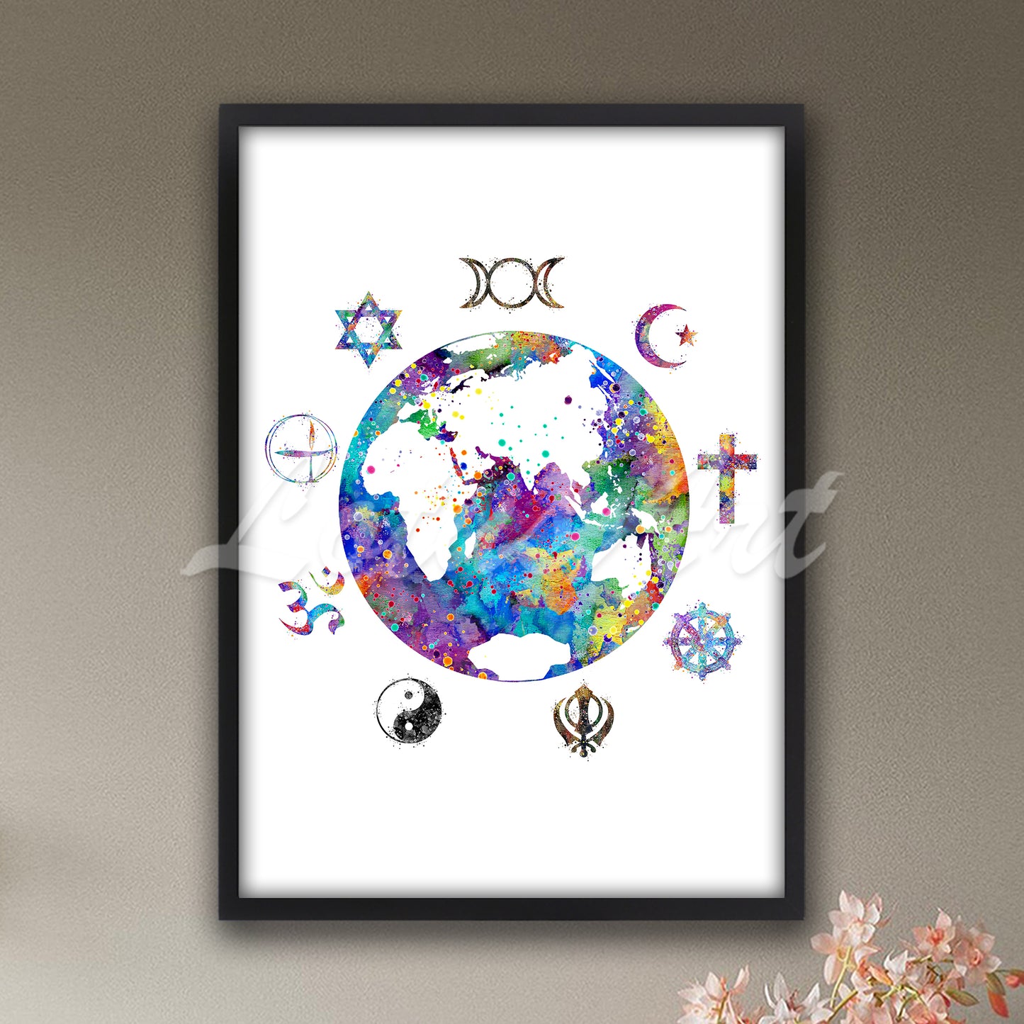 World Map Watercolor Art Print – Sacred Planet Earth Poster, Spiritual & Religious Wall Decor, Traveler Gift