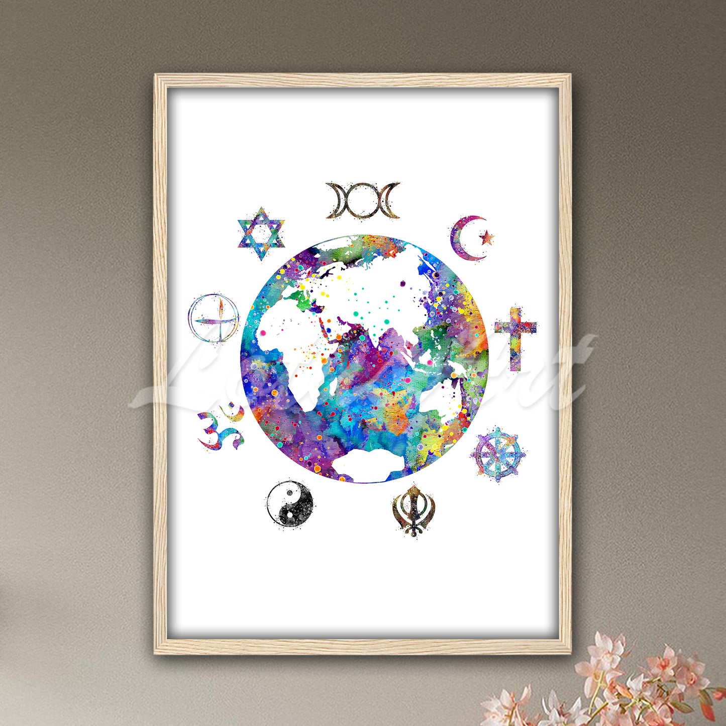 World Map Watercolor Art Print – Sacred Planet Earth Poster, Spiritual & Religious Wall Decor, Traveler Gift