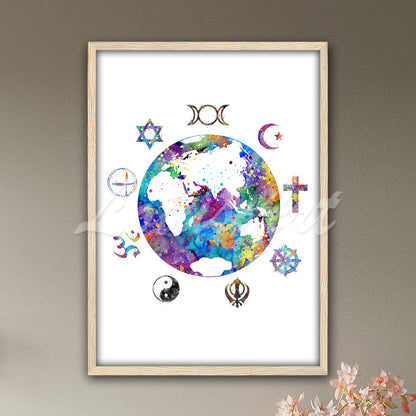 World Map Watercolor Art Print – Sacred Planet Earth Poster, Spiritual & Religious Wall Decor, Traveler Gift