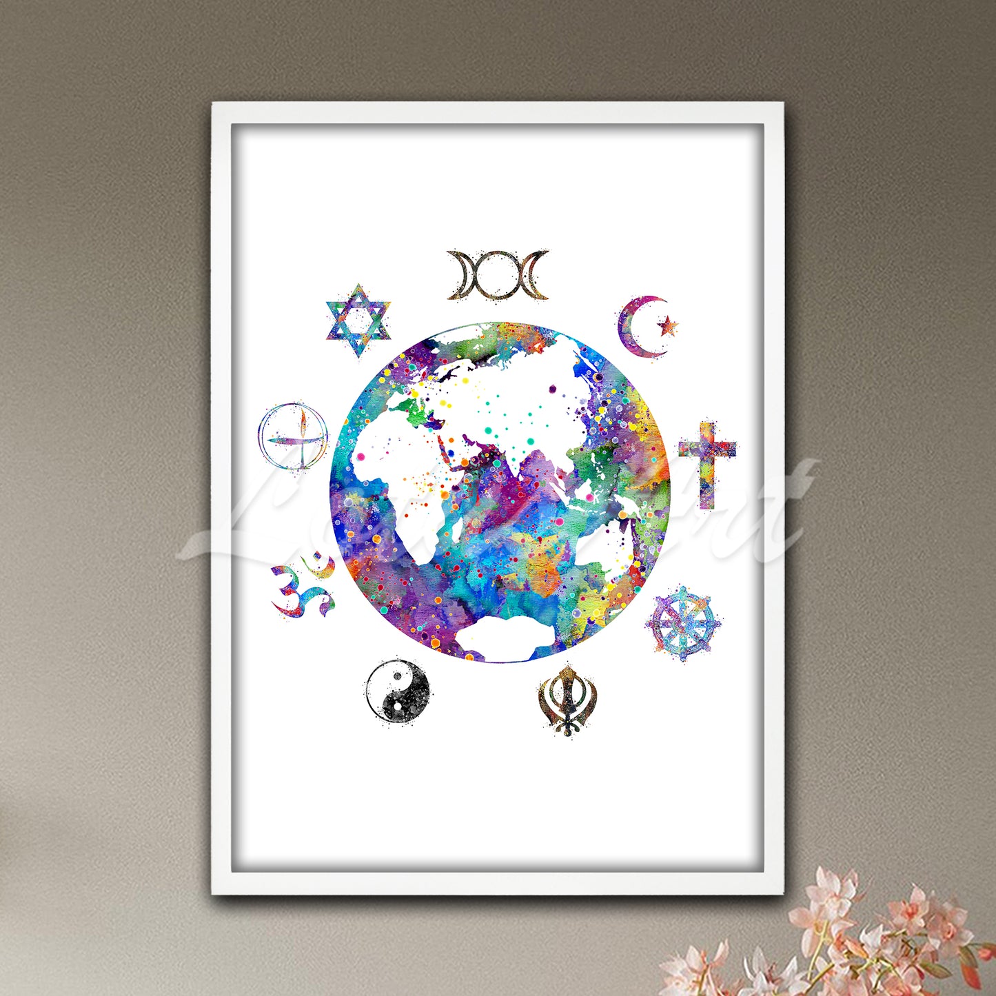 World Map Watercolor Art Print – Sacred Planet Earth Poster, Spiritual & Religious Wall Decor, Traveler Gift