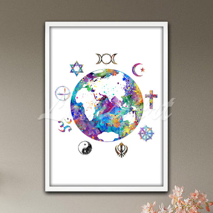 World Map Watercolor Art Print – Sacred Planet Earth Poster, Spiritual & Religious Wall Decor, Traveler Gift