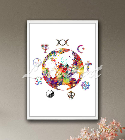 Watercolor World Map Art Print | Spiritual Earth Wall Decor | Sacred Symbol Poster | Traveler Gift