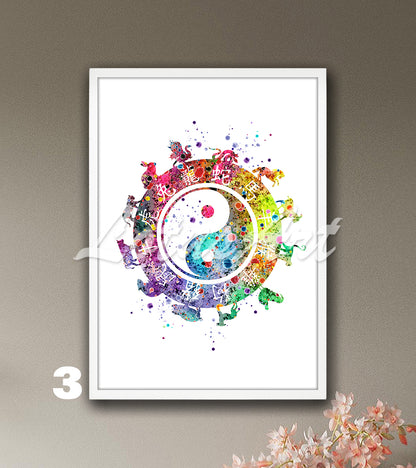 Yin Yang Zodiac Watercolor Art Print – Esoteric Astrology Wall Decor