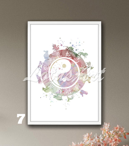 Yin Yang Zodiac Watercolor Art Print – Esoteric Astrology Wall Decor