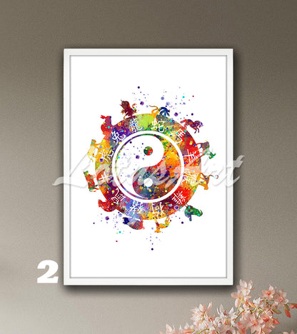 Yin Yang Zodiac Watercolor Art Print – Esoteric Astrology Wall Decor