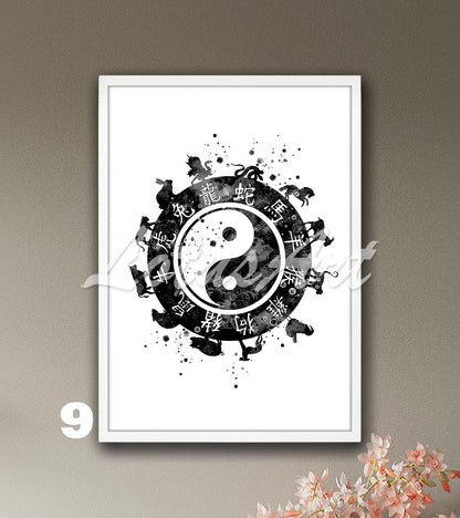 Yin Yang Zodiac Watercolor Art Print – Esoteric Astrology Wall Decor