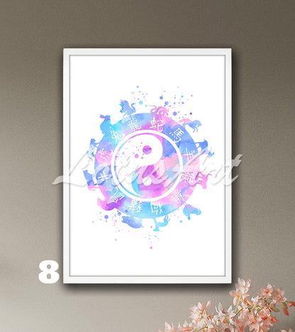 Yin Yang Zodiac Watercolor Art Print – Esoteric Astrology Wall Decor