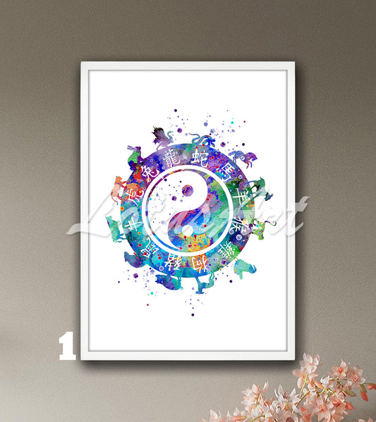 Yin Yang Zodiac Watercolor Art Print – Esoteric Astrology Wall Decor