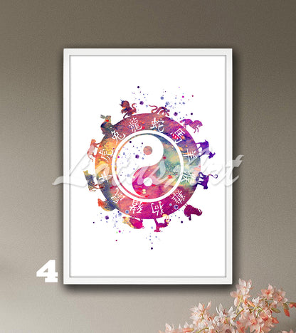 Yin Yang Zodiac Watercolor Art Print – Esoteric Astrology Wall Decor